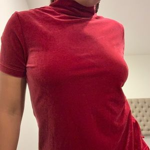 Faux Velvet Shortsleeved Burgundy Turtleneck